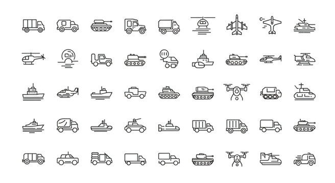 Collection of military vehicles and transport icons in outline style.