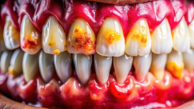 A photo of inflamed bleeding gums, dark red tissue with white pus, bright yellowishwhite blood, closeup view, oral hygiene issues, dental infection,