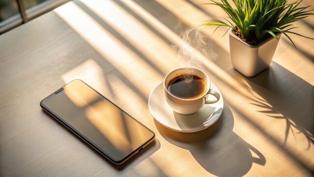A photo of a highquality topview phone mockup with steaming coffee The phone sits on a sleek, modern desk, surrounded by minimalist decor The cof