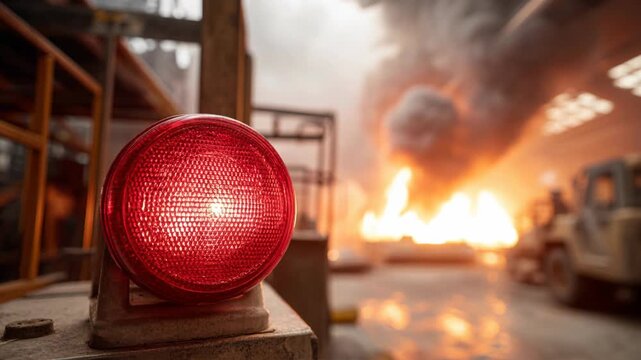 Red warning light flashes in the foreground as an industrial facility burns in a massive fire.