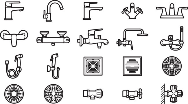 A meticulously drawn collection of sleek, modern faucets and bathroom fixtures, ideal for architectural and design projects.