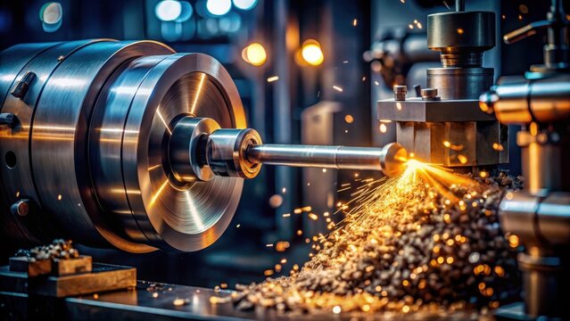 A photo of a metal lathe machine meticulously shaping a steel cylinder, surrounded by metallic shavings and a manual adjustment tool in a dimly lit wo