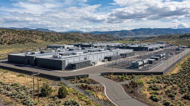 Aerial view of modern data center complex in rural mountainous landscape with cloudy sky
