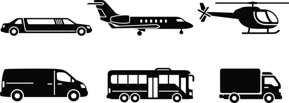 Transportation silhouette icon set featuring limousine private jet helicopter van bus truck for luxury travel logistics and mobility design