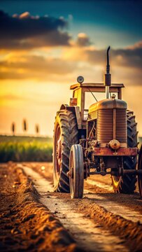 A photo of old agricultural machinery sitting on a dusty farm field  circa 1945
