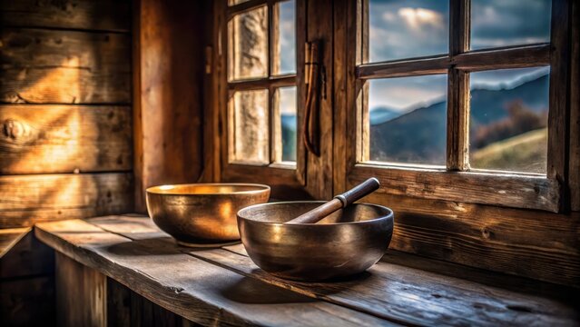 A photo of a pair of singing bowls placed on a weathered windowsill, the serene sound resonating in an ancient wooden house