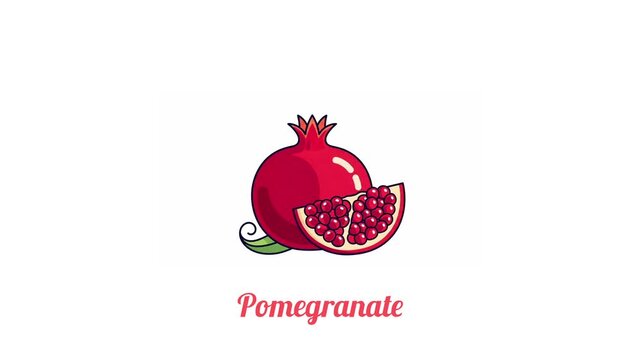 Pomegranate Fruit Illustration with Whole and Sliced Sections on White Background.