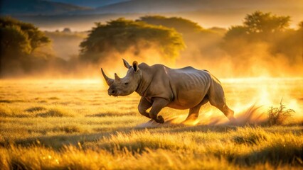 Fototapeta premium A photo of a young rhino running through an open field at sunrise in the Madikwe Game Reserve in South Africa, with golden rays casting long shadows a