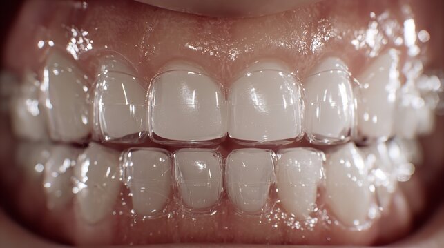 Close-up of clear aligners over straightened teeth for dental treatment.