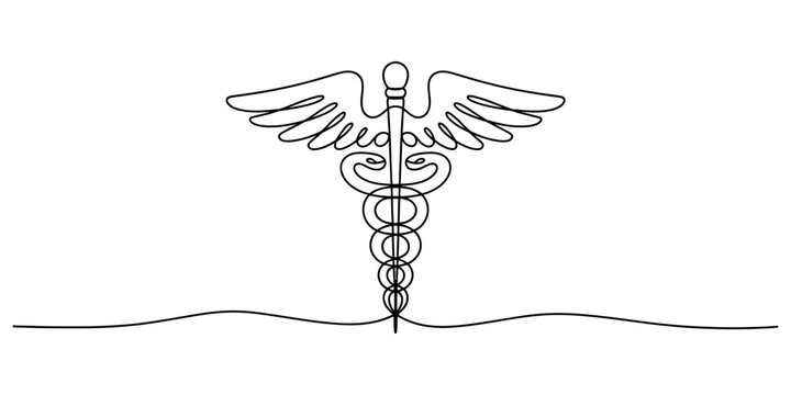 A single continuous line drawing of the caduceus medical symbol on a plain white background area