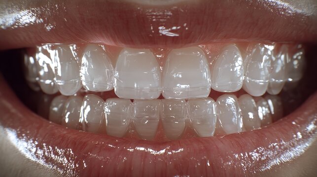 Close-up of human mouth with teeth undergoing orthodontic treatment using clear aligners.