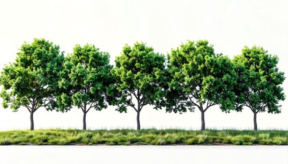 Fototapeta premium Five green leafy trees lined up on a grassy surface, against a bright white background