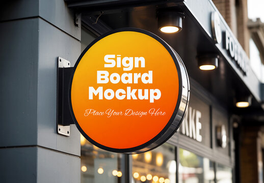 Circular Signboard Mockup on Exterior Wall of Cafe or Shop with Orange Gradient Design