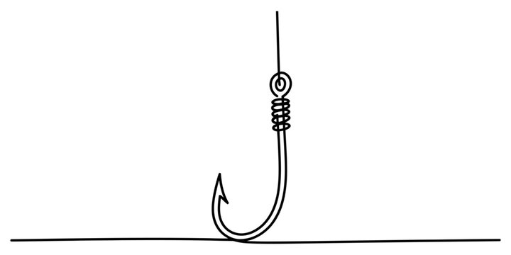 A simple black and white line drawing of a sharp fishing hook hanging from a thin fishing line
