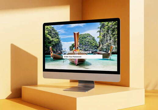 Desktop Monitor Mockup on Yellow Podium with Tropical Beach Wallpaper and Sunlight Shadows
