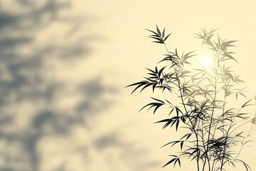 Obraz premium Bamboo stalks with leaves against a bright, soft sky and blurry shadow. Use as a background, graphic, or illustration for serenity and nature.