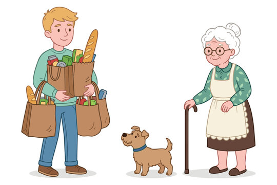 Young man carrying heavy grocery bags for elderly woman with walking stick vector scene.