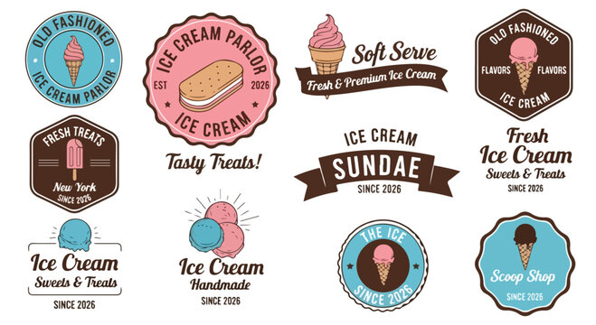 Vintage ice cream parlor logos and labels, retro dessert shop badges with sundae and soft serve icons, 10 vector emblems for sweet treat branding