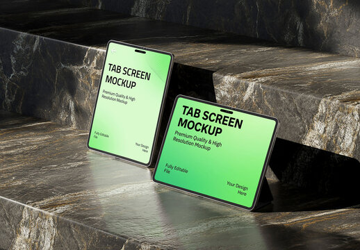 Dual Digital Tablet Screen Mockup Displayed on Dark Marble Steps