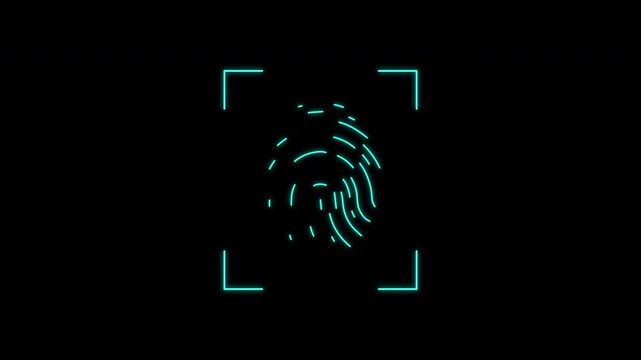 Fingerprint scanning animation with digital touch id and scan frame on transparent background, biometric security and access concept