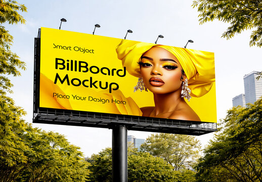 Large Outdoor Billboard Mockup on Metal Pole with Fashion Model Advertisement in Nature