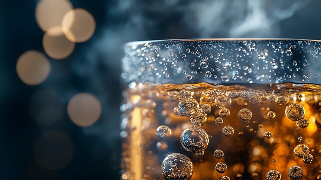 Effervescent Delight: A Close-Up of Bubbles in a Glass of Refreshing Drink