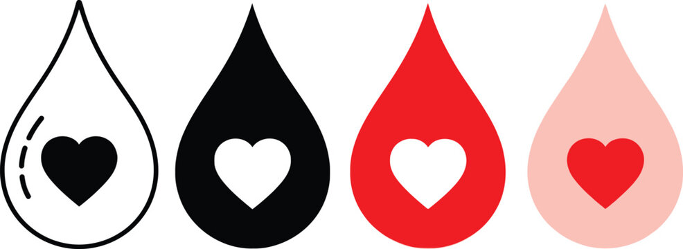 Four heart shaped drop icons isolated on transparent background black white red and pink variations