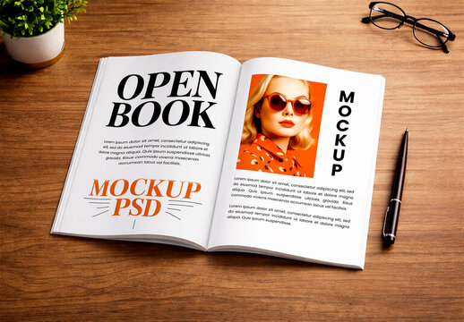 Open Book Magazine Mockup on Wooden Desk with Fashion Model Portrait and Pen
