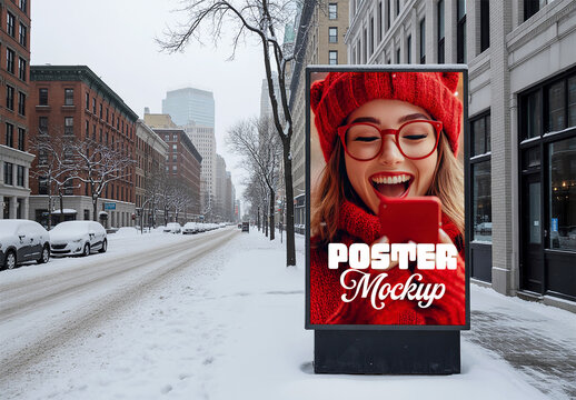 Outdoor Advertising Poster Mockup in Snowy Urban Street