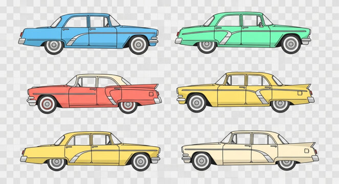 Collection of vintage American cars in different colors.