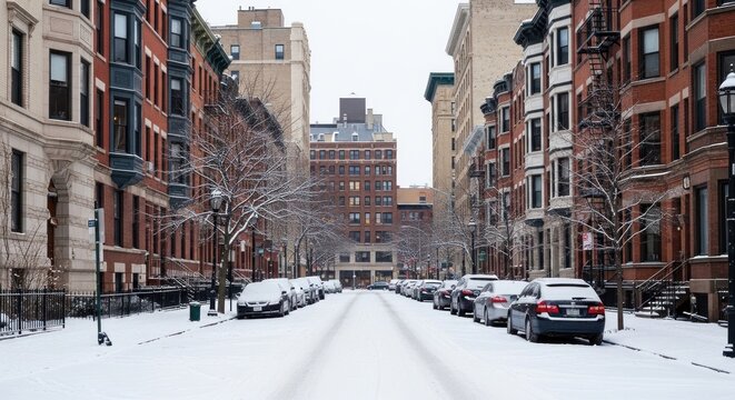 A snow-covered city street lined with parked cars and tall brownstone buildings