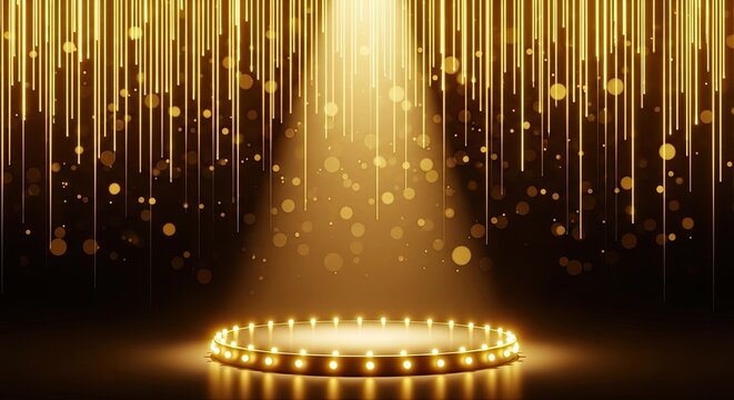 Golden lights shine on a circular stage with a dark background and falling particles