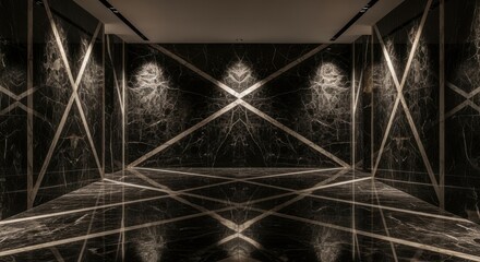 Fototapeta premium Polished Dark Marble Room with Sharp Geometric Inlays and Reflective Surfaces