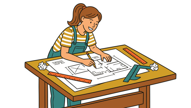 Female Architect Drawing Blueprints at Drafting Table