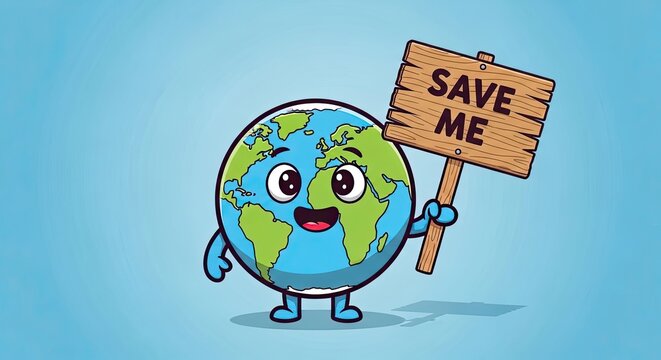 Save our planet earth day illustration of a cartoon earth holding a plea sign
