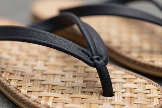 Japanese mens zori sandals with tatami rush weave surface, close-up