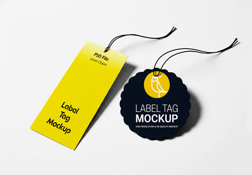 Rectangular and Round Label Tag Mockup Set with Black String on White Background