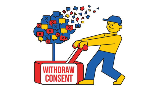 Digital Consent Withdrawal Illustration: Person Pulling Lever to Remove Data and Messages, Emphasizing Privacy and Control