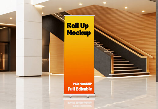 Roll Up Banner Mockup in Modern Hotel Lobby with Stairs and Minimalist Interior Design
