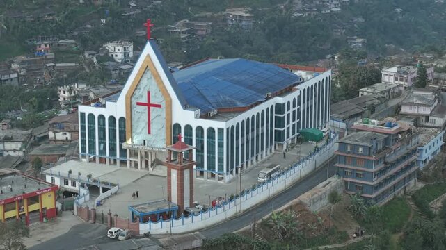 Aerial Drone View of Church in Kohima, Nagaland, Northeast India