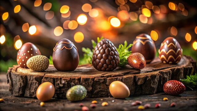 A realistic photo of Six mini stuffed chocolate easter eggs on a tree trunk with cracked chocolates all around it