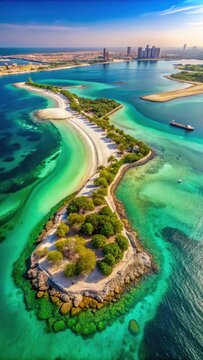 Aerial view of Marjan Island in Ras al Khaimah emirate in the UAE shows the islands rocky coastline and lush greenery surrounded by turquoise waters