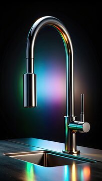 A photo of a sleek, futuristic touchless faucet with holographic controls in a black, luxurious kitchen