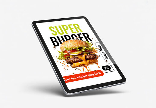 Tablet Screen Mockup with Burger Fast Food Advertisement and Perspective View