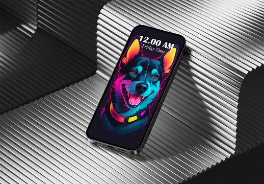 Smartphone Mockup with Neon Dog Wallpaper on Ribbed Surface