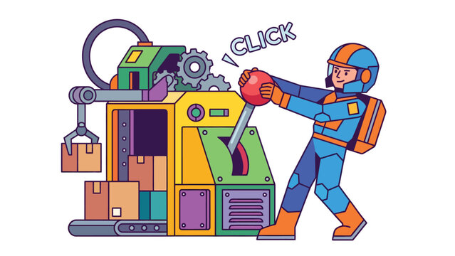 Industrial worker in protective suit operating an automated packaging machine with a lever, symbolizing production control.
