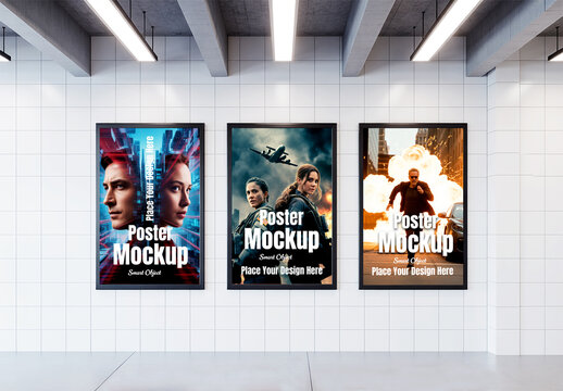 Three Movie Poster Mockups on White Tiled Wall in Modern Subway Station or Metro Passage