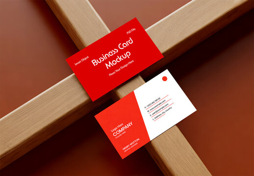 Two Business Cards Mockup on Wooden Frame Structure with Red and White Minimalist Design
