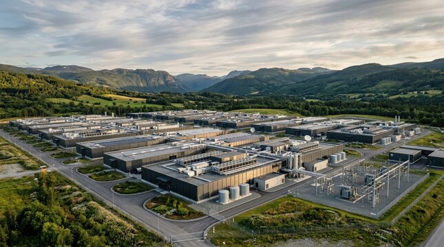Aerial view of modern industrial data center complex with solar panels and green surroundings at sunset