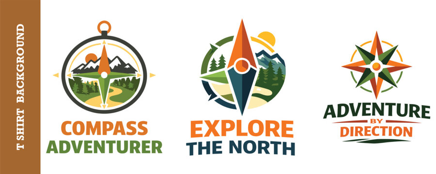 Adventure by direction compass logo set with scenic mountain and forest landscapes graphics.
